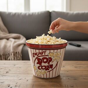 Tabletops Gallery Popcorn Bowl Large White Red NWOT Ceramic Hand Painted